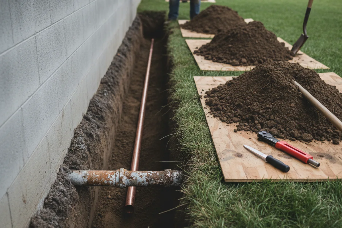 Excavated water line trench during Sewer Line Repair in Boulevard